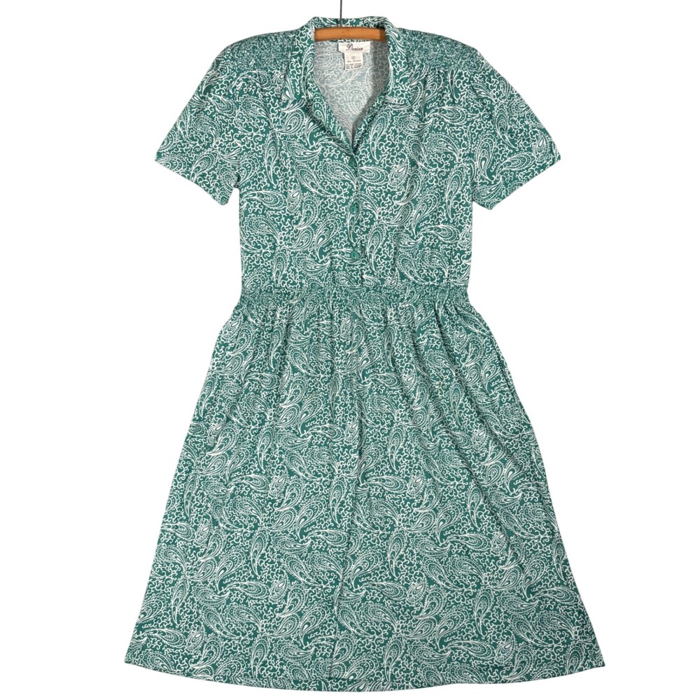 Darian Vintage Green Paisley Short Sleeve Button Front Midi Dress‎ Pockets Sz 12